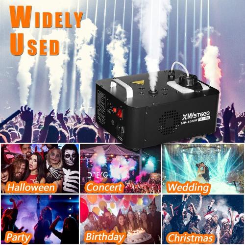 Xwstgeo Vertical Fog Machine 1000W with 6 LED Lights and Wireless Remote Control for Stage Halloween Wedding DJ Parties