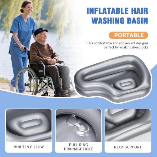 Portable Inflatable Shampoo Basin for Bedridden Elderly, Hair Washing Bowl with Drain Hose & Neck Support, PVC Inflatable Shampoo Bowl for Bedridden Patients, Disabled, Seniors, Kids, Home Care