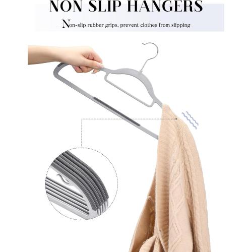 HOUSE DAY Plastic Hangers 50 Pack, Grey Plastic Clothes Hangers Non Slip with Rubber Grip, Heavy Duty Hanger with 360° Swivel Metal Hook, Ultra Thin Hangers Space Saving for Closet Organizer