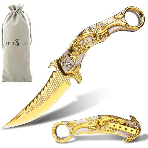 Pocket Knife for Men, Cool Folding Knife With 3D Golden Dragon Relief, Great Gift Edc Knife For Men Outdoor Survival Camping Hiking Hunting