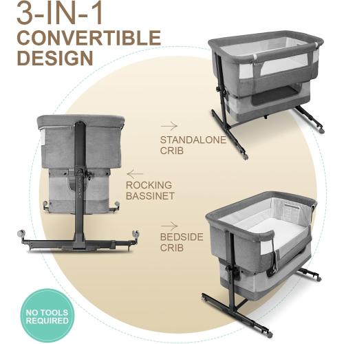 Baby Bassinet, 3 in 1 Bedside Sleeper with Mattress and Mesh Sides, Mosquito Net, Storage Basket, with Rocking Function, 5-Height Adjustable, Easy Assemble Crib for Newborn, Gray