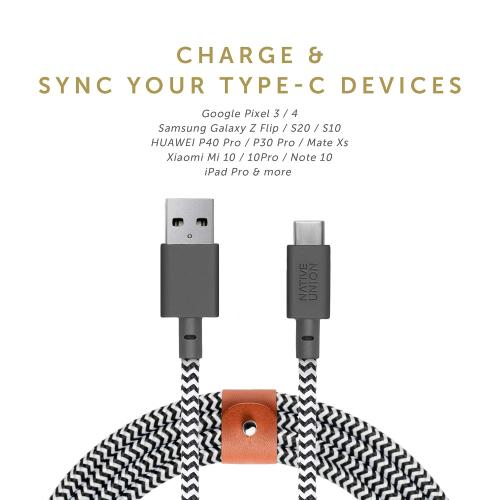 Native Union Belt Cable XL USB-C to USB-A - 10ft Ultra-Strong Charging Cable with Leather Strap Compatible with iPhone 17, Galaxy Z Fold 7, Flip 6, S25 Ultra, Pixel 10 Pro, iPad Pro (Zebra)