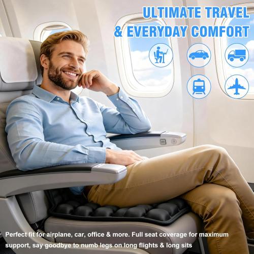 Upgrade Travel Cushion Airplane Seat, 3D Inflatable Seat Cushion, Adjustable Air Cushion with Non-Skid, Coccyx Tailbone Pain Relief Chair Pad for Office, Car, Wheelchair