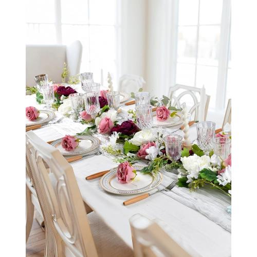 Color White Burgundy and Pink  2Pack Artificial Peony Flower Garland - Silk Peony Garland with Pink White Flowers for Wedding Party Table Decoration,6ft/Strand(White&Burgundy&Pink)