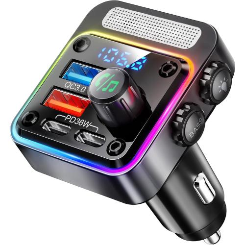 Nulaxy 54W Bluetooth 5.3 Car Adapter, FM Transmitter 4-Port Fast Charging | Wireless FM Radio Music Player with Deep Bass, 5 Colors LED Backlit, Hands-Free Calling, PD&QC Car Charger Support USB Drive