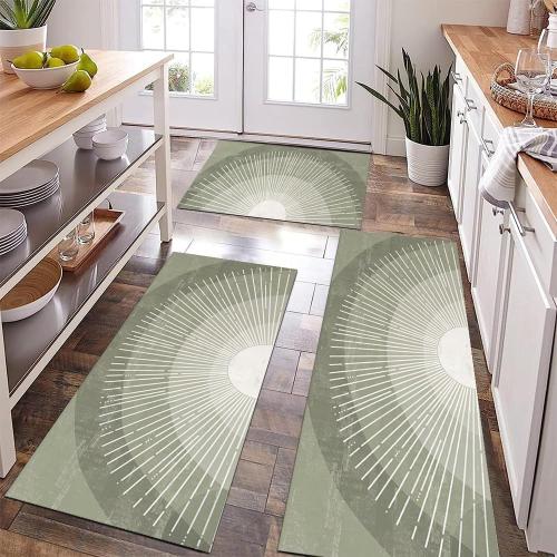 Boho Kitchen Mat Set of 3,Sage Green Sun Sunrise Print Abstract Kitchen Rugs and Mats Non Skid Washable Rugs,Modern Farmhouse Runner Rugs with Rubber Backing for Kitchen Decor Accessories