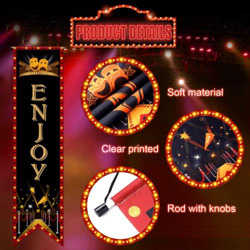 Blulu 4 Pcs Movie Night Porch Sign Banner Movie Theme Party Decoration Now Showing Banner Theater Night Popcorn Enjoy Action Hanging Porch Sign for Home Camera Film Backdrop Party Supples