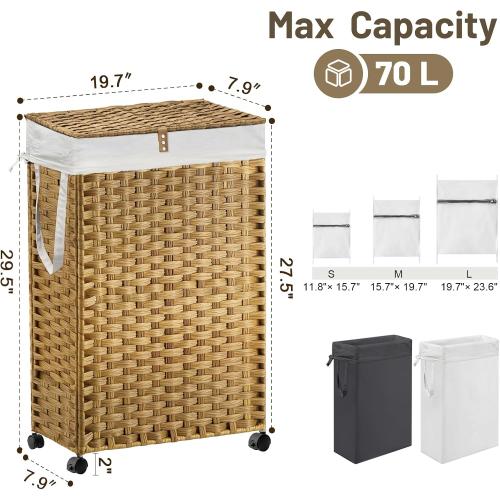 70L Slim Laundry Hamper with Lid & Wheels, 2-Park Rolling Laundry Basket with 4 Removable Liner Bags & 3 Mesh Bags, Narrow Dirty Clothes Basket, Foldable Handwoven Rattan Laundry Sorter, Natural‼️no rips tears or breaks 2 laundry hampers and accessories may be missing ‼️