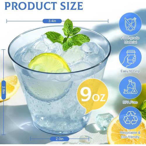 50 Pack Plastic Cups 9 oz Blue Clear Plastic Cups for Cocktail Fancy Disposable Cup for Party Stemless Wine Glasses for Wedding Thanksgiving Christmas Party Graduation
