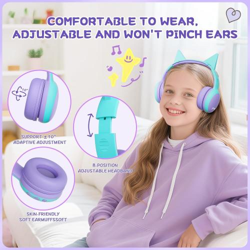 gorsun Kids Bluetooth Headphones, Over-Ear Toddler Headphones with Microphone, 85dB/94dB Volume Limited, 68H Playtime, Bluetooth 6.0, Portable Kids Wireless Headset with Cat Ears (Purple)
