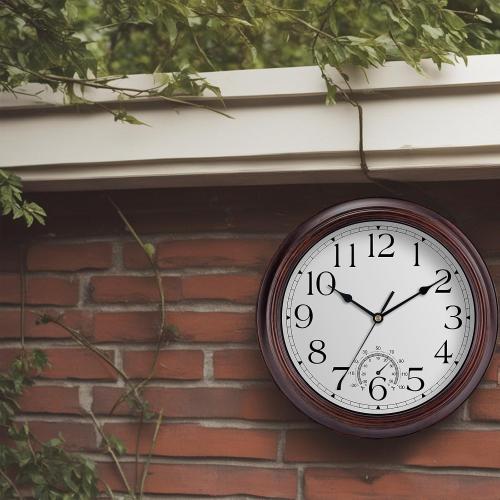 KECYET 12 Inch Outdoor Wall Clock with Thermometers, Vintage Silent Wall Clocks Battery Operated, Retro Non-Ticking Clock Decorative for Living Room, Patio, Kitchen, Office, Bathroom, Bedroom(Bronze)