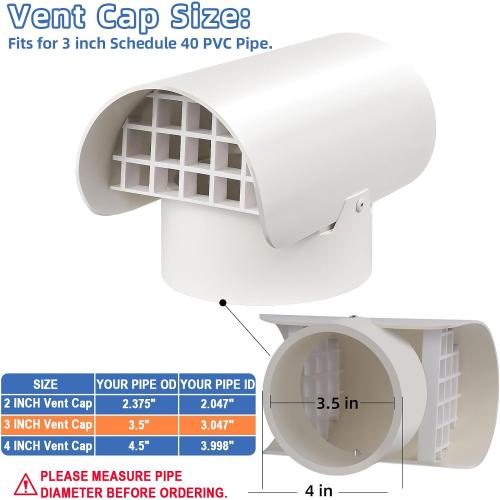Radon Vent Cap for 3 Schedule 40, 3 inch PVC Vent Cap for Radon Fan Pipe/Flue Pipe/Roof Pipe, Radon Vent Cover Exhaust Vent Cap, Stop Rain Snow Leaves, Protect Radon Fan Motor&PVC Pipe