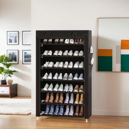 Laiensia 7-Tier Vertical Shoe Rack Organizer, Space Saving Shoe Storage Organizer, Non-Woven Cover Shoe Shelf Holds 28-35Pairs for Bedroom, Hallway, Closet Entryway, Black