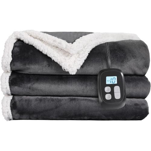 LaffyLo Electric Heated Blanket Twin, Fast Heating Blanket, Dual-Sided Flannel Sherpa, 10 Heat Settings, 1-12 Hour Auto Off, Machine Washable, Dark Grey