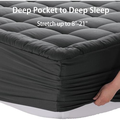 EASELAND Queen Mattress Pad Cotton Pillow Top Mattress Topper Dark Grey