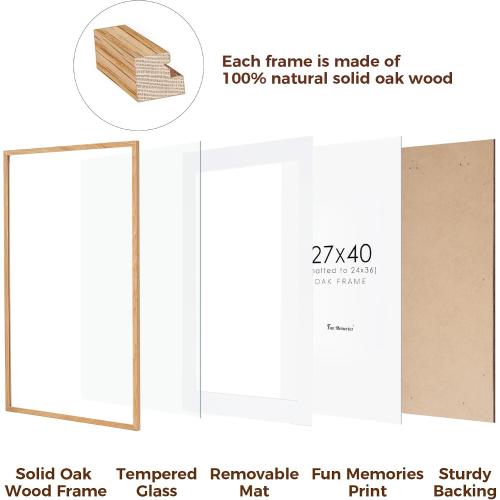 27x40 Picture Frame, Solid Oak Wood 27x40 Poster Frame for Wall, 27 x 40 Frame with Tempered Real Glass, 27x40 Frame with Mat for 24x36, Rustic Wooden 27x40 Art Frame, Natural Oak Color