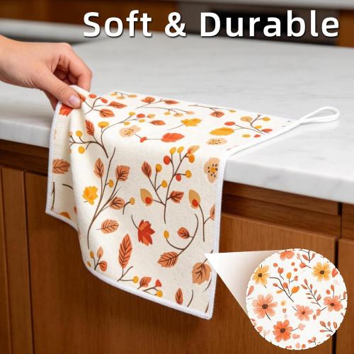 Kitchen Dish Cloths,4-Pack Reusable Soft Dishcloths with Hanging Loop,11.8×11.8in Kitchen Towels,Microfiber Hand Towels,Home Decoration,for Housewarming Gifts-Autumn Floral
