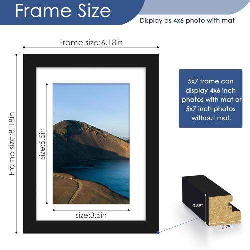 PEALSN 5x7 Picture Frame Set of 6, Display Pictures 4 x 6 with Mat or 5 x 7 without Mat for Wall Mounting or Table Top Display, Photo Frames Collage for Wall Decor, Black.