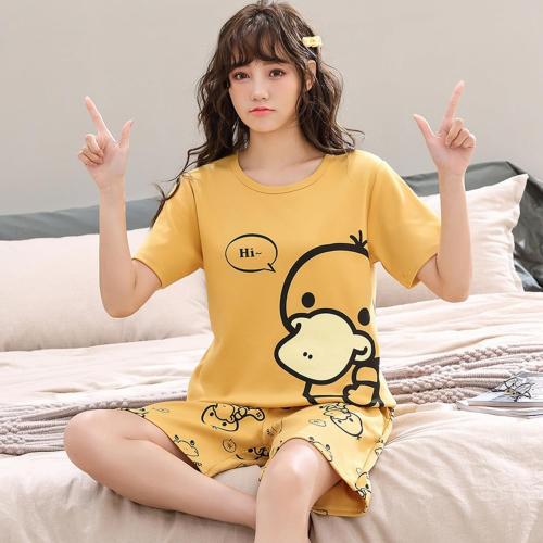 Size XL-Cute Pajama Set Short Sleeves Short Pants Cotton Kawaii Women Summer Cartoon With Pocket Sleepwear Pjs Nightshirt