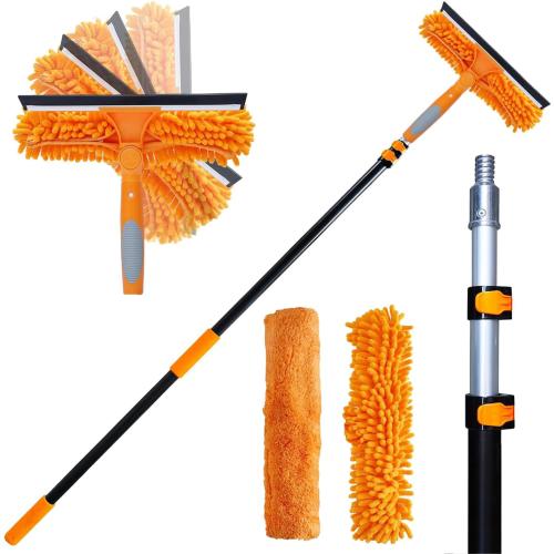 20 Ft  Reach 2 In 1 Window Squeegee Duster with 5-to-12 Foot Extension Pole, Cleaner Tool with 3-Stage Telescoping Pole, Cleaning Kit with Rotatable Head - Chenille Cloth   Microfibre Cloths Head