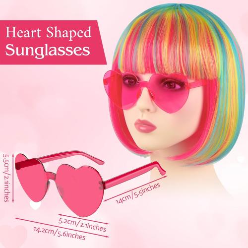 PLULON Pink Blue Yellow Bob Wig with Heart Sunglasses Hair Cap, Colorful Short Bob Wigs Synthetic Party Wigs Funny Cosplay Hairpieces for Women Daily Bachelorette Halloween Costume Party Decorations