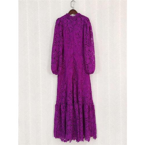 Size XXL...Generic Women's Solid Color Round Neck Hollow Long Sleeve Dress Suitable for Travel Parties