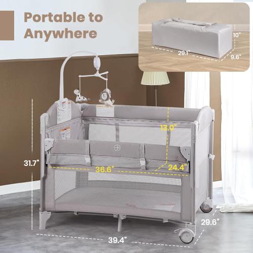 Baby Bassinets Bedside Sleeper, 4 in 1 Portable Bedside Crib w/Mattress, Diaper Changer, Storage Basket, Music Box, Carry Bag, Foldable Playard Sleeper for Newborn (Light Gray)