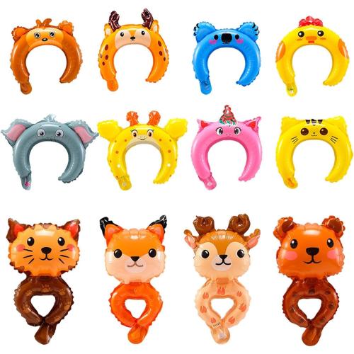 50pcs Assorted Style Cartoon Zoo Animal Inflatable Headbands and 25 Wrist Balloon Wildlife Safari Balloon Hair Hoop Animals Balloons Bracelets for Jungle Theme Birthday Party Favors