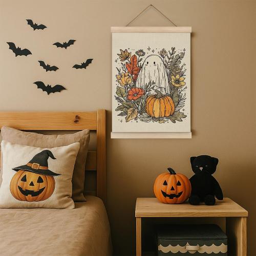 Z0FGU0 Fall Pumpkin Ghost Halloween Wall Art, Rustic Autumn Fall Floral Botanical Poster Hanger Frame, Spooky Halloween Ghost Wall Decor for Home Living Room Bedroom, 12x16 Inch