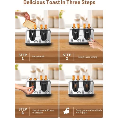 Keenstar Toaster 4 Slice, Bread Toaster with Dual Control Panels Extra-Wide Slot of Bagel/Defrost/Cancel Function, 7 Toasting Bread Shade Settings, Removable Crumb Trays, Auto Pop-Up, Stainless Steel