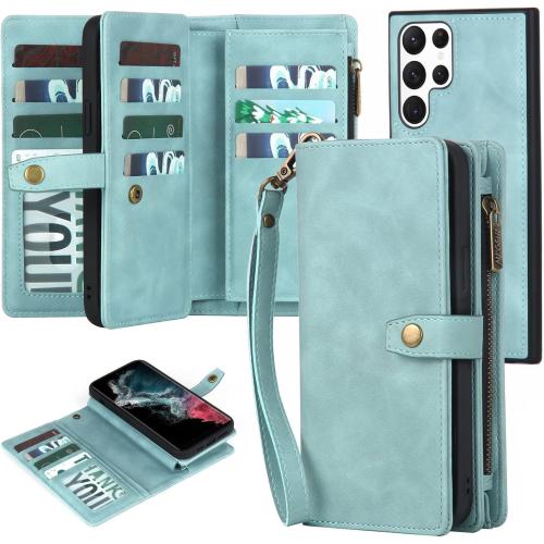 TwoHead for Samsung Galaxy S22 Ultra Wallet Case with Card Holder & Detachable Magnetic Phone Case, Leather All-Round Protection Wallet Phone Case for Women Men,6.8in,Blue
