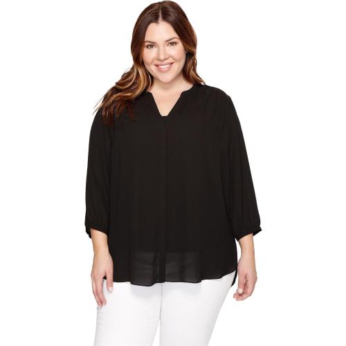 Size XL NYDJ Women's Plus Size Three-Quarter Sleeve Pintuck Blouse | Classic Lightweight Top, Black