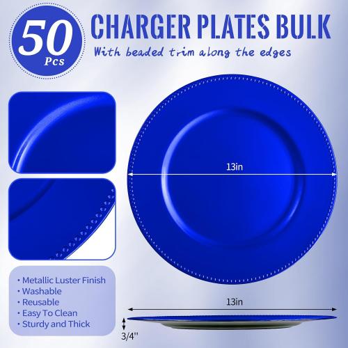 Royal Blue Charger Plates 13 Round Charger Plates Bulk Beaded Chargers for Dinner Plates Decorative Blue Charger Plastic Charger Plates for Wedding Party Event Bridal Shower Table Decoration