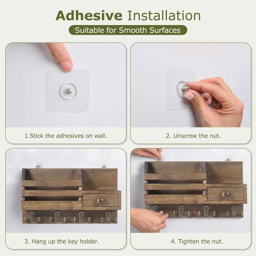 Key Holder Wall Mount, Wooden Adhesive Mail and Key Organizer with Drawer, Small Shelf, 8 Hooks, 2 Installation Methods, Brown
