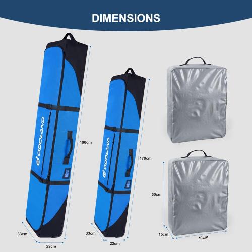 Odoland Rolling Ski Bag, Padded Snowboard Bags with Wheels for Air Travel, 900D Water Resistant Oxford Fabric and Extra 2 Dry Bag, Fits Skis Up to 170/190cm
