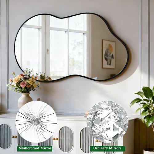 Irregular Wall Mirror, Asymmetrical Cloud Mirror Large Unique Vanity Body Mirrors Black Bathroom Wall Mounted Mirror Modern Shaped Dressing for Living Room Entryway