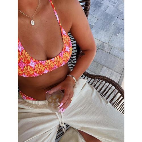 Size M.... Women's Triangle Bikini Set Smocked Textured Scoop Frilled Print Ruched Elastic Swimsuit Two Piece Bathing Suit