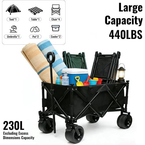 Collapsible Foldable Wagon Cart with Big Wheels and Tabletop, Large Capacity 440Lbs Folding Utility Wagon Carts for Sand, Beach, Camping, Shopping, Sport (Gray)