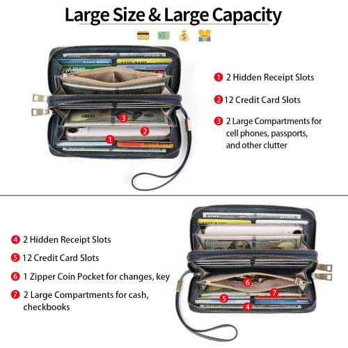 GAEKEAO Wallet for Women Clutch RFID Blocking Wristlet Leather Purse Large Capacity Credit Card Holder with Grip Hand Strap