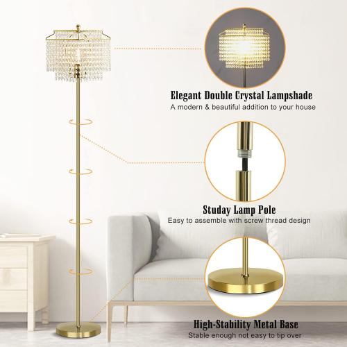 Luvkczc Gold Crystal Floor Lamp, 64 Tall Elegant Standing Lamp with On-Off Foot Switch, Double-Layer Lampshade, Standing Floor Lamps for Living Room, Bedroom, Office, 8W LED Bulb Included