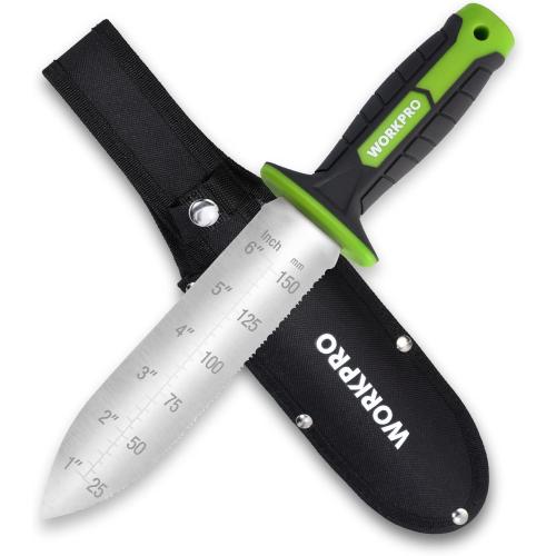 WORKPRO Hori Hori Garden Knife, 7 Stainless Steel Blade with Cutting Edge, Garden Tools with Oxford Sheath, Ergonomic TRP Handle with Hanging Hole for Weeding, Planting, Digging, Green