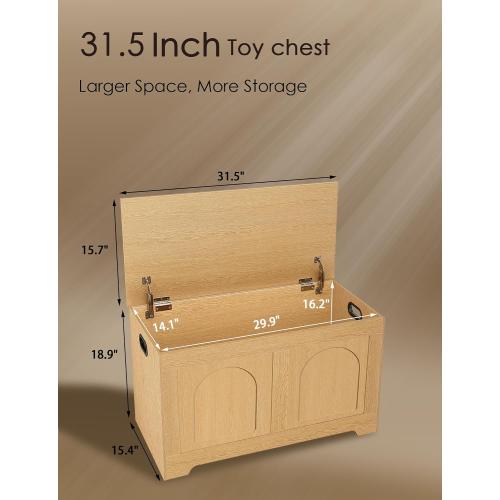 Storage Chest, Wooden Toy Box, Natural 31.5 L | Entryway Shoe Bench, 2 Soft-close Hinges, Finger-safe Flip-Top Lid, Easy Assembly, Farmhouse Large Trunk, Living Room/Bedroom