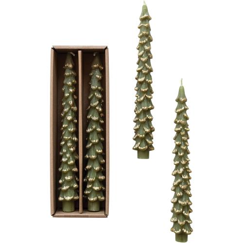 Creative Co-Op Golden-Tipped Elegance Tree Shaped Taper Candles, Evergreen, Set of 2