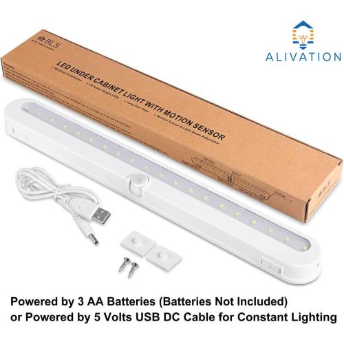 Alivation Closet Lights Battery Operated Led Lights, Motion Sensor Light Indoor Under Cabinet Lights, Under Counter Lights for Kitchen, 3 AA Battery Powered/DC Input Lights, Day & Night Mode, Dimmable