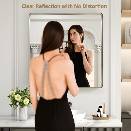 LOAAO 36X36 Inch Brushed Nickel Bathroom Mirror, Rounded Rectangle Silver Metal Frame Mirror, Brushed Nickel, Anti-Rust, Shatter Proof, Hangs Horizontally or Vertically