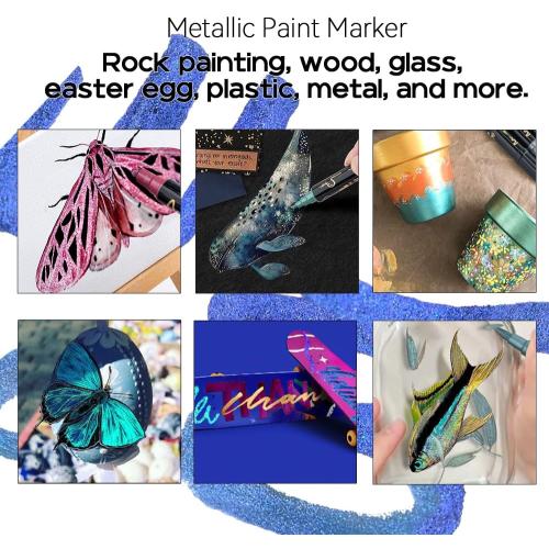 TRANSON 12Colors Metallic Paint Markers Bold and Fine Dual-tip for Rock Wood Ceramic Canvas DIY Painting Drawing