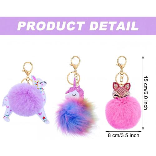 3 Pieces Animal Pom Pom Keychain Cute Fluffy Key Ring Unicorn Keychain for Women Bag Accessories