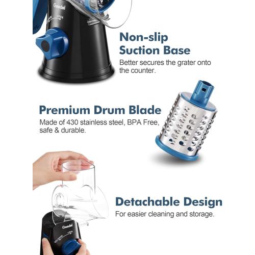 Geedel Rotary Cheese Grater, Kitchen Mandoline Vegetable Slicer with 3 Interchangeable Blades, Easy to Clean Rotary Grater Slicer for Fruit, Vegetables, Nuts