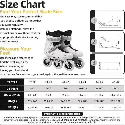 TT3 Adult Size 8-9 Inline Skate - COSMOID High Performance Roller Skates Blades for Women & Men, 3 Wheels 110mm Metal Frame,Indoor Outdoor and Fitness Grey, Size 5-13