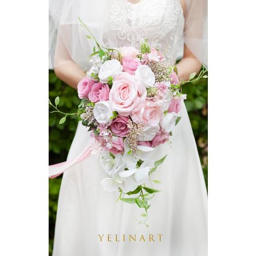10 Inch Dusty Rose Wedding Bouquets for Bride Artificial Roses Flower Cascading Cascade Bridal Bouquet for Rustic Boho Fall Vintage Wedding Ceremony Party and Anniversary